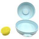 Tupperware Semmelrunde Hamburger Lunchbox mit Dressingbehälter hellblau / gelb Soße zum Mitnehmen Bagel Brötchen Salat NEU