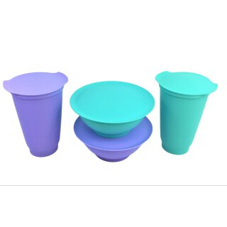 Tupperware Set 2 x Allegra Schüssel 275 ml + 2 x Becher mit Deckel  lila / mint Dessertschüssel Servierschalen NEU