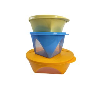 Tupperware Set Mediterrano Schüssel 2,5 +1,5 l+ 600 ml gelb, hellblau, orange servieren mit Sichtfenster NEU