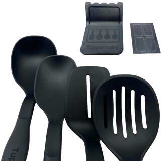 Tupperware Set Küchenhelfer schwarz mit Wandbefesting zum Einhängen Kelle, Rühr-, Schaum- und Servierlöffel NEU