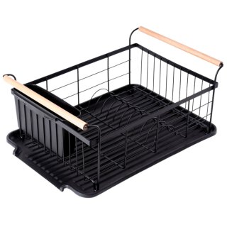 Abtropfgestell schwarz 42,5 × 29,5 × 19 cm – Metall mit Holzgriffen & Besteckhalter