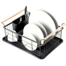 Abtropfgestell schwarz 42,5 × 29,5 × 19 cm – Metall mit Holzgriffen & Besteckhalter